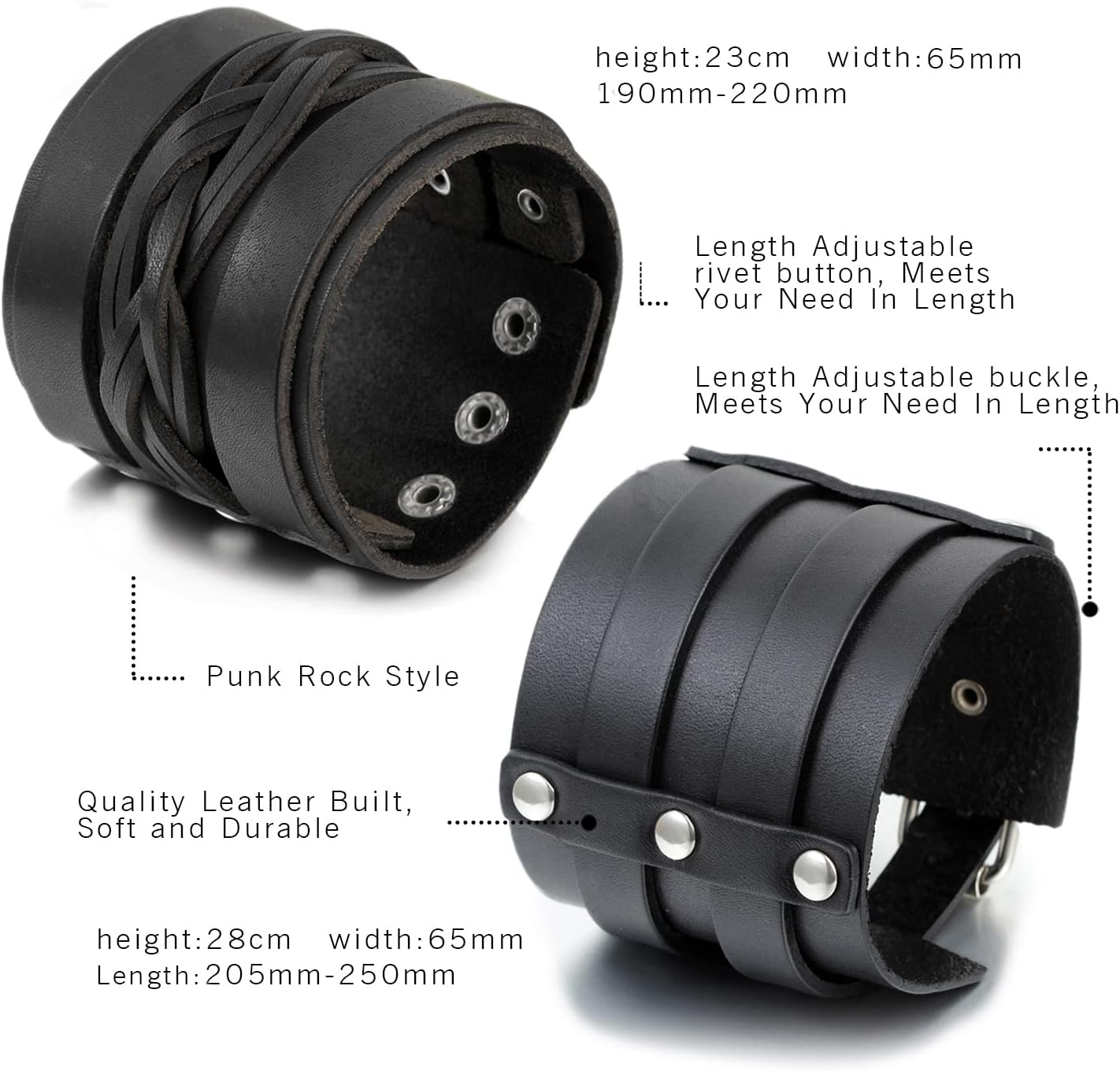 Aroncent Biker Punk Rock Leather Bracelets Wide Braided Adjustable with Snap Button 2-4 PCS