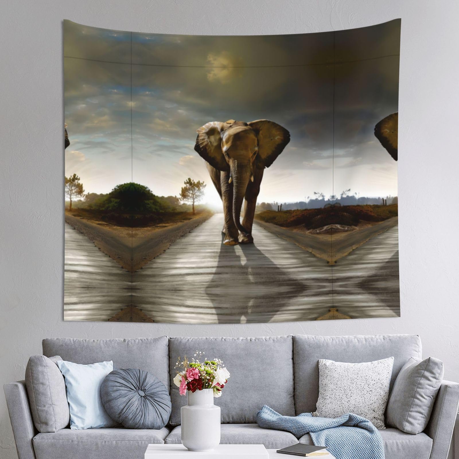 HLSBSSL 60x51in Elephant Printed Tapestry Tablecloth for Dormitory and Picnic Rooms - Multifunctional Fabric Hanging