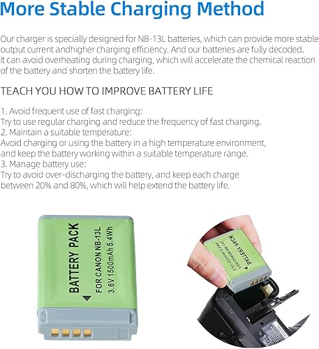 Miniatura 5 de Batería NB-13L, compatible con Canon PowerShot SX740 HS, G1 X Mark III, G5 X, G5 X Mark II, G7 X, G7 X Mark II, G7 X Mark III, G9 X, G9 X Mark II,