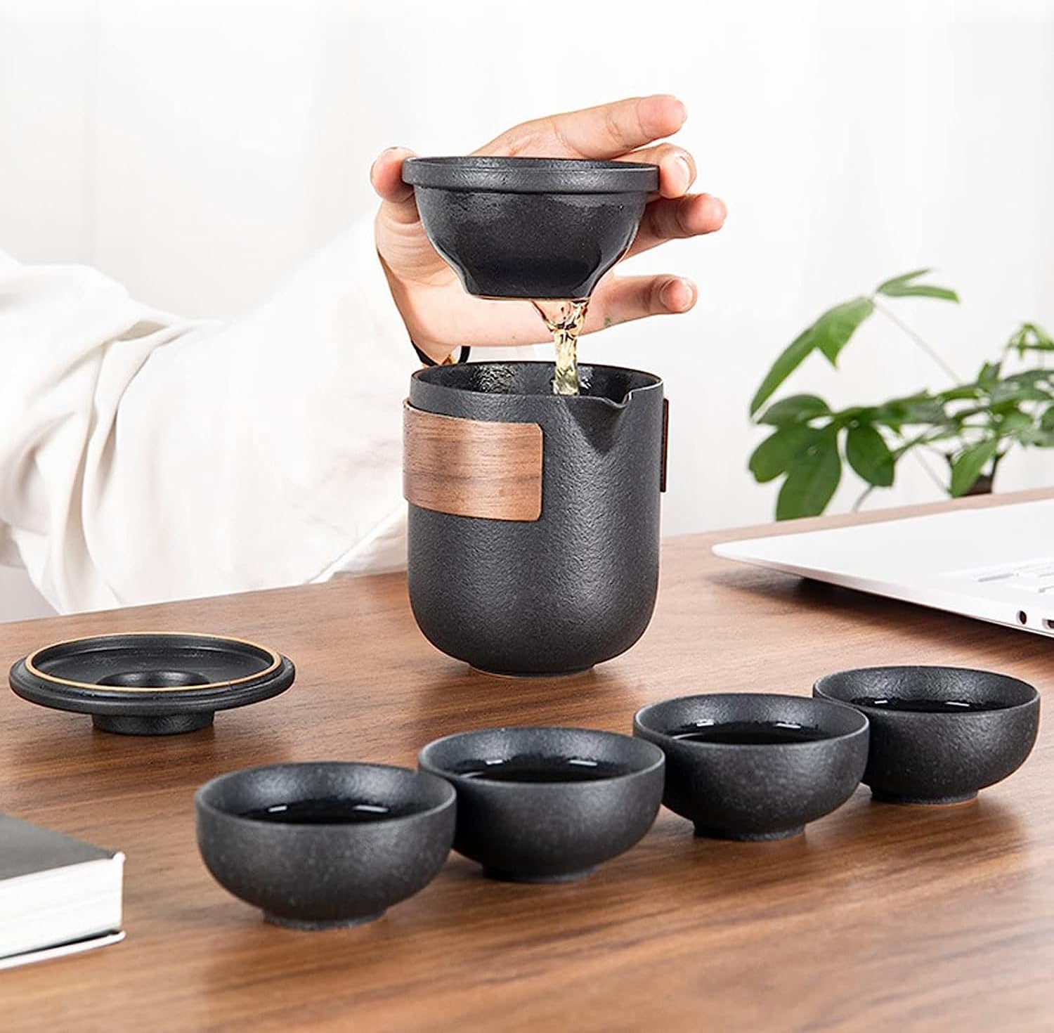 TBACW Portable Chinese Gongfu Tea Set - Ceramic Travel Tea Pot with 4 Cups & Carrying Bag for Outdoor Picnic, Camping, Office or Home Use (Classic 1 Pot 4 Cups) - Image 6