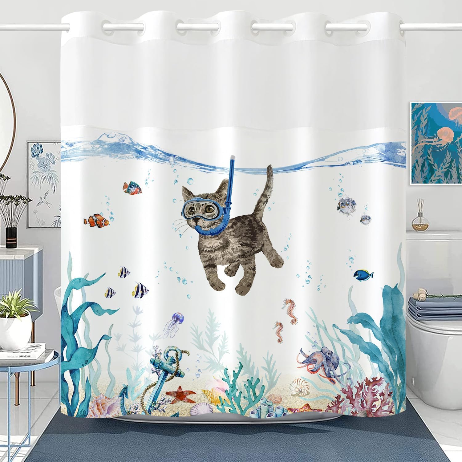 No Hook Shower Curtain with Snap in Liner, Funny Cat Nautical Animal Octopus Starfish Turtle Fish Curtains Set with Waterproof Inner Liner for Bathroom, Teal Blue Cute Sea Ocean 72×74 inches