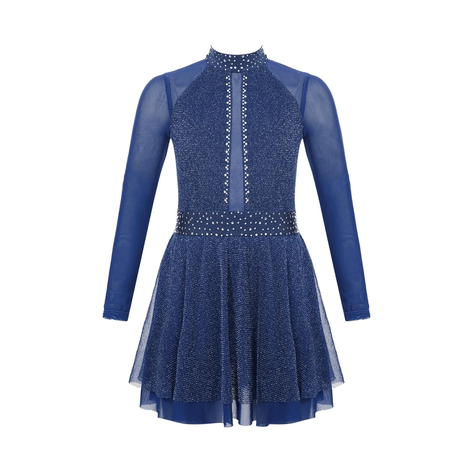 Vestito da pattinaggio artistico, per ragazze, per danza classica, ginnastica, body da performance per bambini, in rete, a maniche lunghe, abbigliamento da danza lirico (blu scuro, 16)