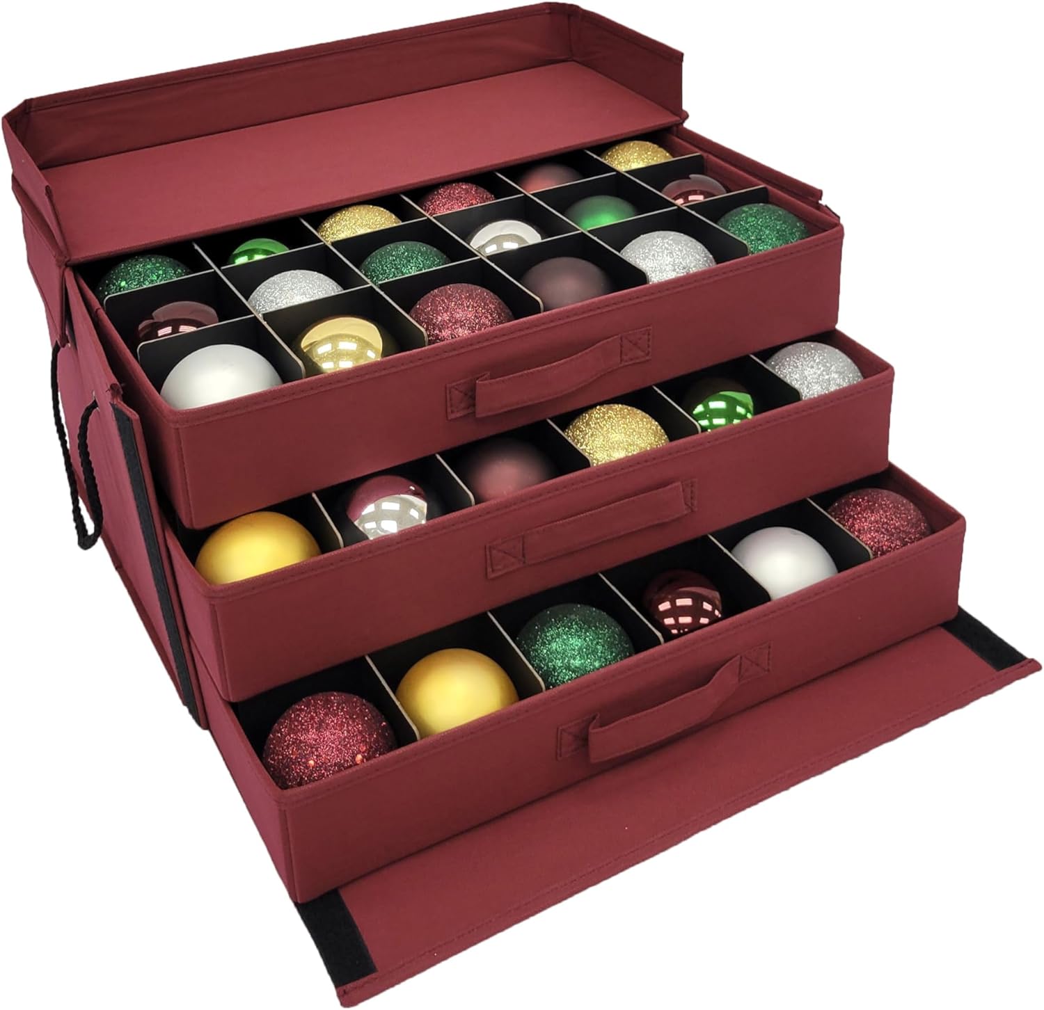 612 Vermont Christmas Ornament Storage Box with 3 Trays, Adjustable Acid-Free Dividers, Holds 72-3 Inch Ornaments