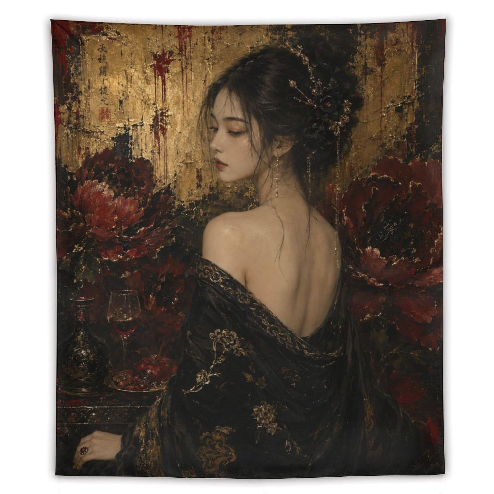 W7C8U2X3 Red Poppy Woman Oil Style Wall Tapestry, Impressionist Style, Bed