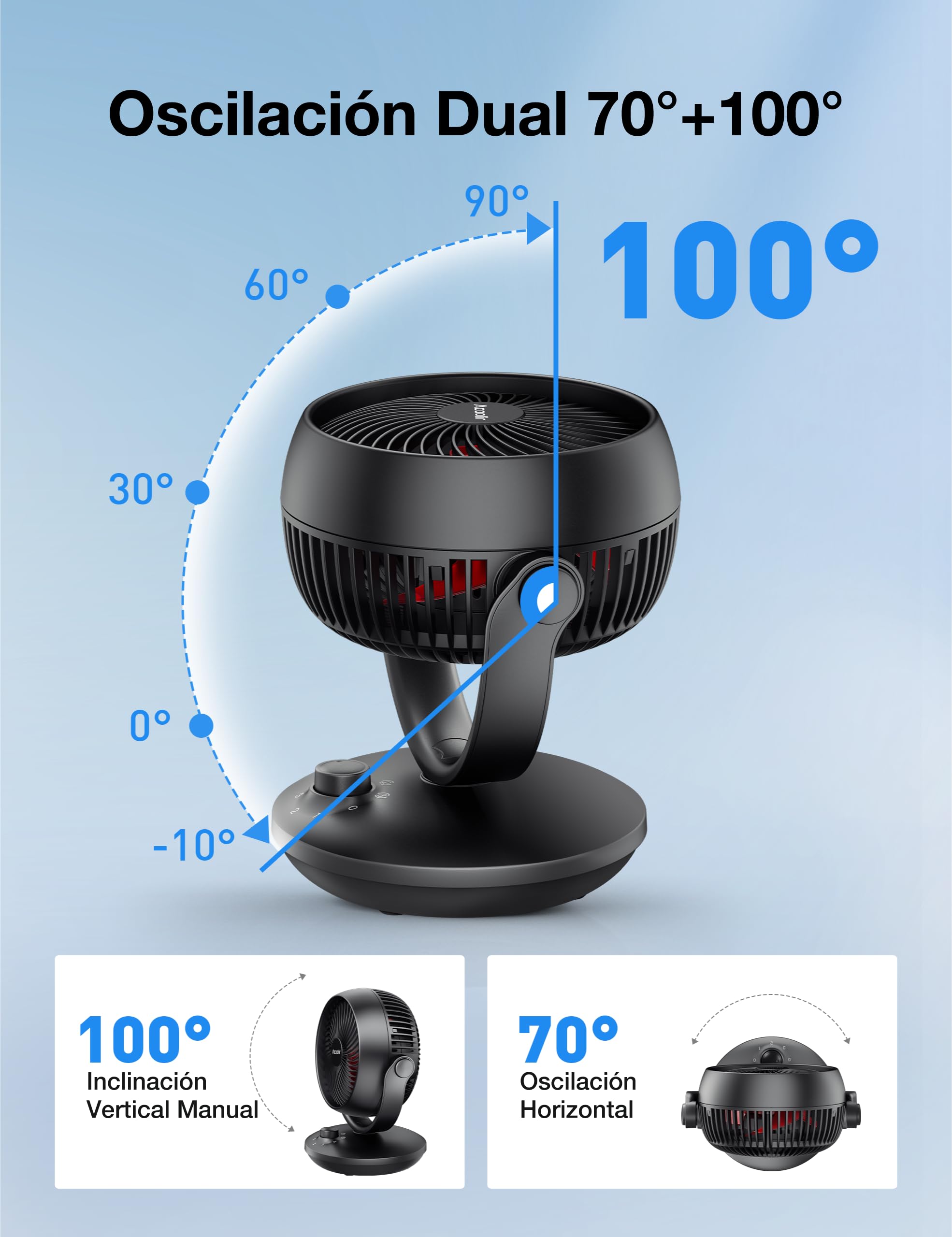 Acoolir Ventilador de Mesa, 24dB Ventilador Silencioso para Dormir, Doble Oscilación 70° Horizontal & 100° Vertical, 3 Velocidades, ventilador Portátil para Dormitorio Oficina Salón,Negro Rojo