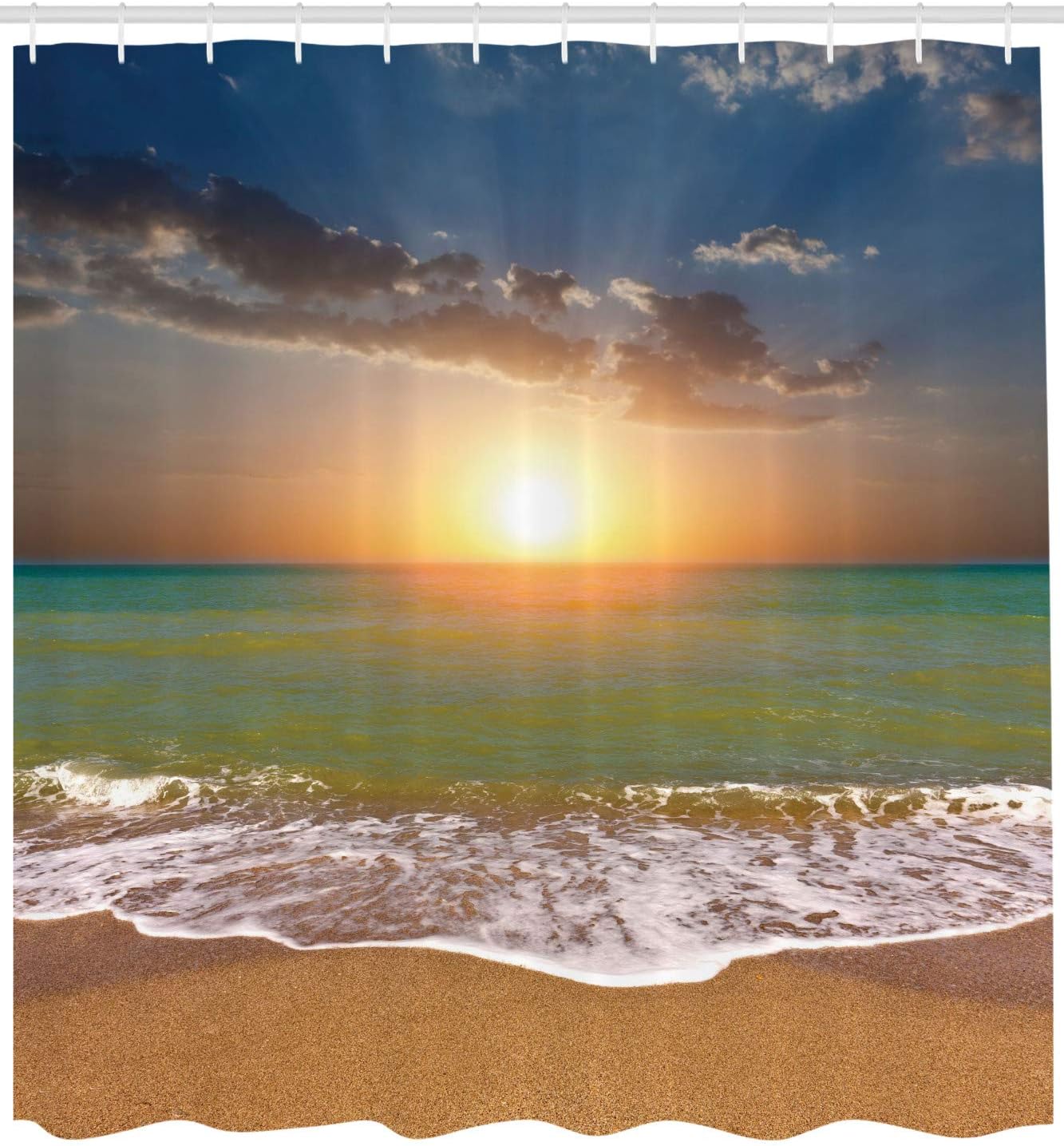 Ambesonne Sunset Shower Curtain, Idyllic Scenery at The Beach Dramatic Sky Setting Sun and Ocean Tranquil View, Cloth Fabric Bathroom Decor Set with Hooks, 69" W x 70" L, Sky Blue Seafoam