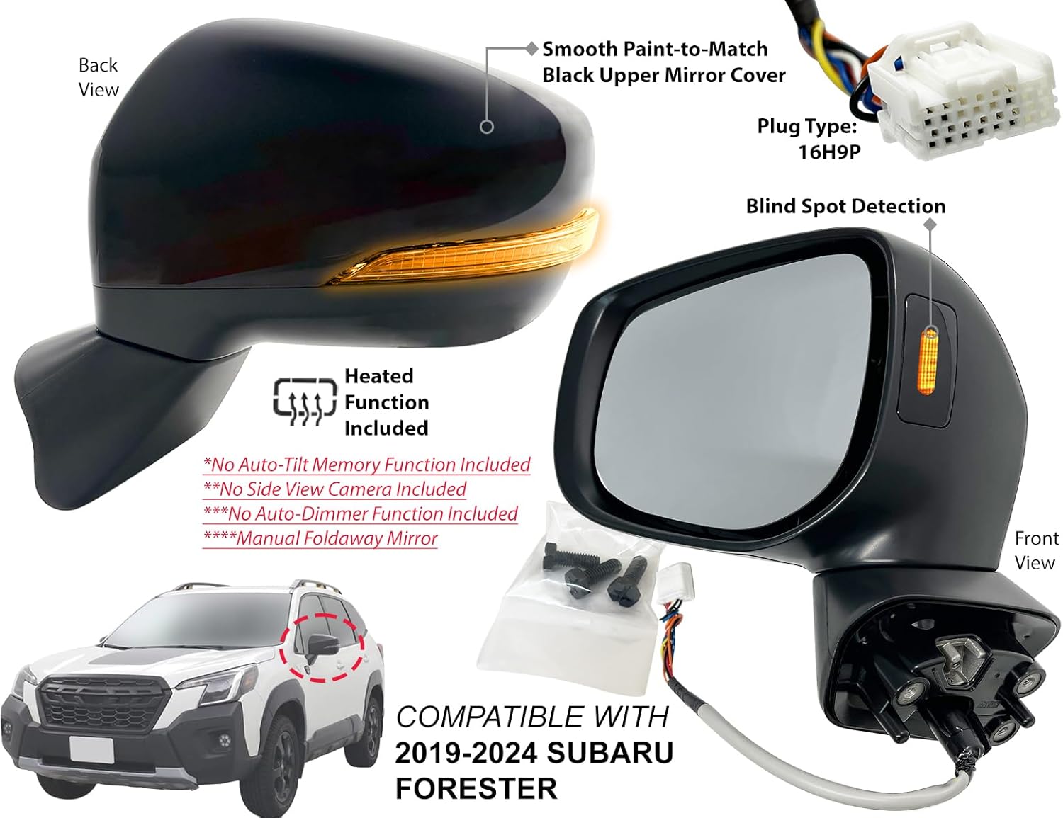 APA Replacement Rear View Mirror Compatible with 2019 - 2024 FORESTER Power Heated with Turn Signal Blind Spot Detection Paint-to-Match Mirror Cap Driver Left Side 91036SJ580 SU1320170