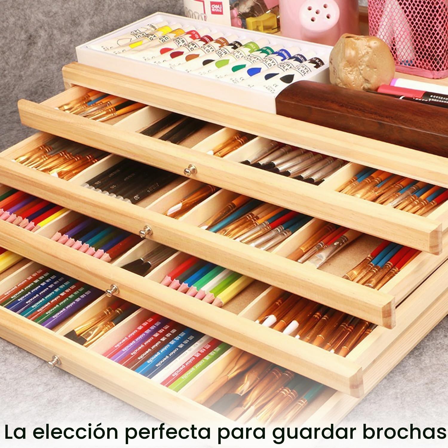 5 Cajones Caja De Almacenamiento Para Artistas 40x26x12.3 cm,Caja Organizadora De Suministros De Artista De Madera,Multifunción,Para Herramientas Artísticas Como Lápices,Rotuladores,Pinceles o Joyas