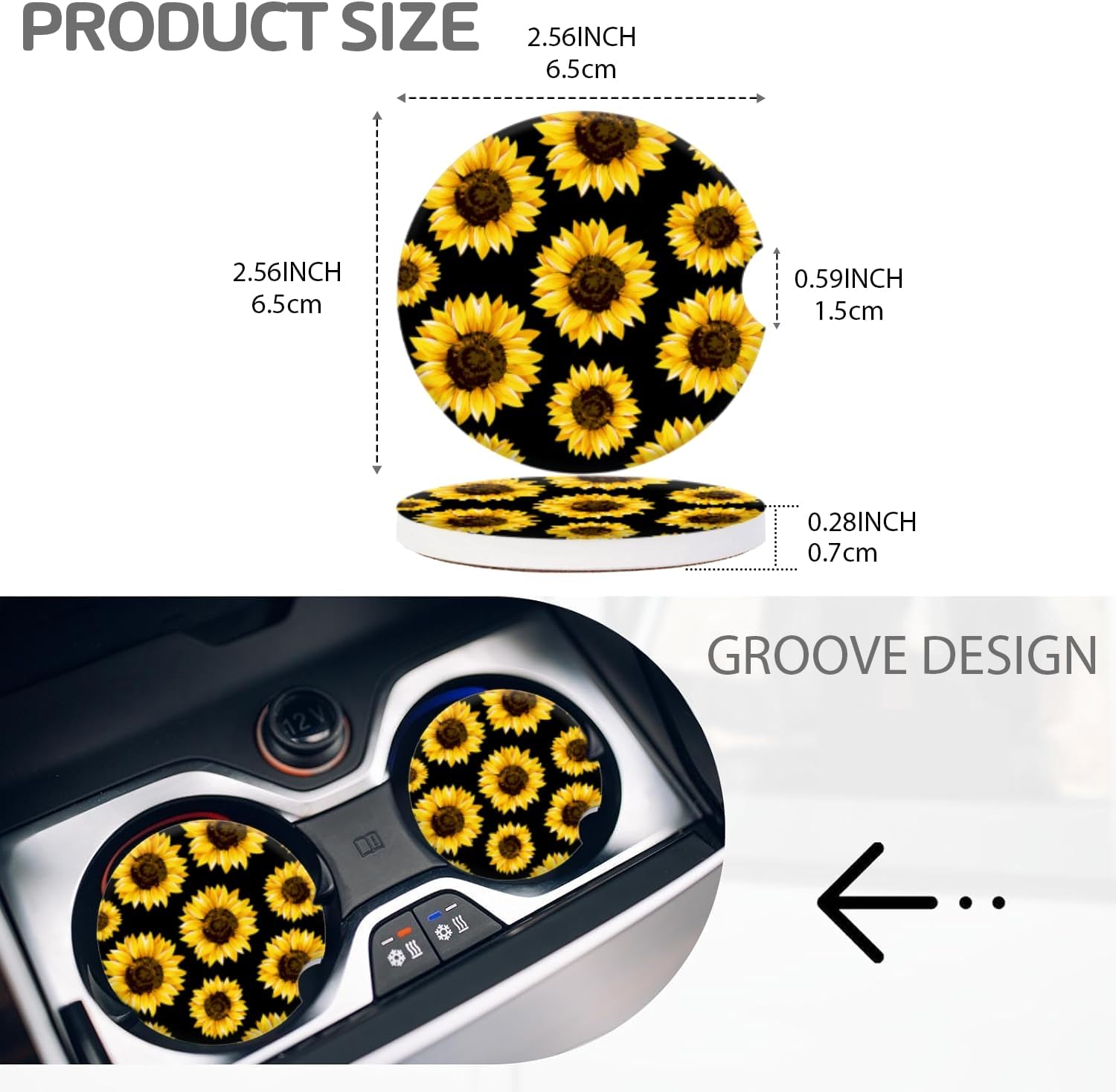 Cup Holder for Car,Vibrant Sunflower Patterns Ceramic Coasters Non-Slip Cup Holder Insert with Fingertip Grip, Auto Interior Accessories for Women & Men,Pack of 2, 2.56In image 2