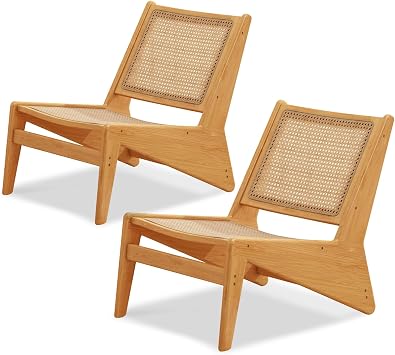 Furlide Rattan Chair 2Pcs, Mid Century Modern Accent Chair, Leisurely Reading Chair for Living RoomWood