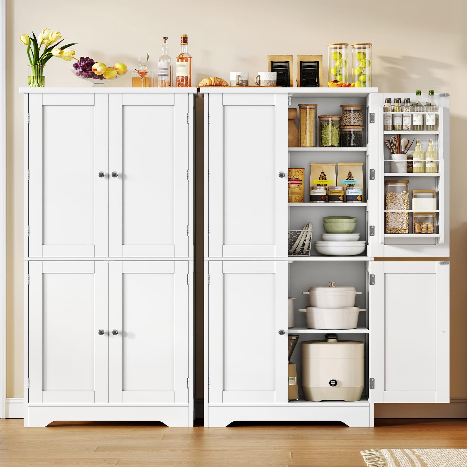 TEENFON Küchenschrank, 4-türiger Mehrzweckschrank & Buffetschrank mit 6 Einlegeböden und 2 Türfächern, platzsparender Vorratsschrank für Küche, Wohnzimmer, Esszimmer, Bad, 130 x 60 x 30 cm, weiß