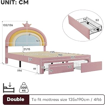 Su & Chan Legence Double Bed Frame with Storage, Upholstered Pink Bed with Adjustable Rainbow Crown Headboard, Soft Velvet Bed Frame with Slats, No Mattress, 135 x 190cm