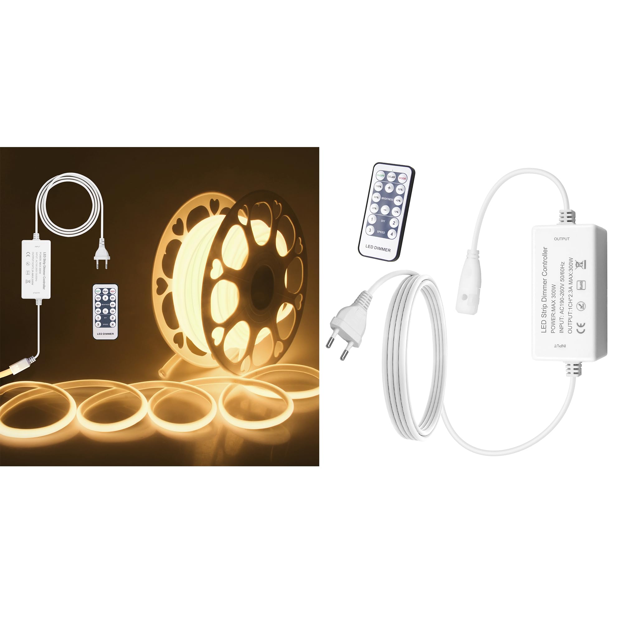 ALITOVE DIY Smart Upgrade Bundle: 20M 230V Warmweiß COB-LED-Streifen mit RF-Fernbedienung + EU-Stecker mit RF-Fernbedienung