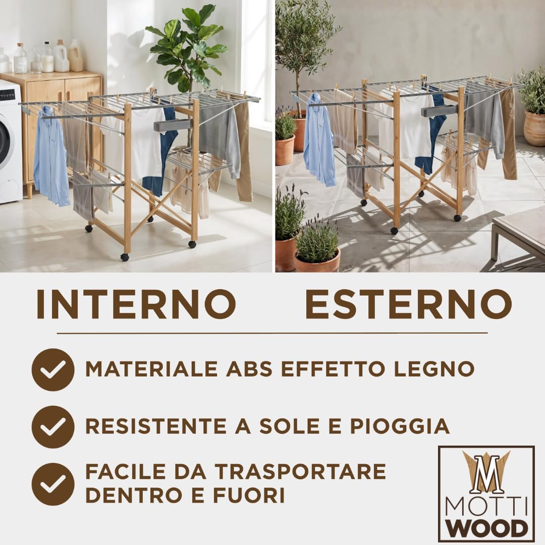 Stendibiancheria Pieghevole XXL, 4 Ali Laterali, Maxi Stendino Richiudibile e Salvaspazio, 25Kg Bucato, Stendi Biancheria Interno ed Esterno, 176 x 60 x 104 h cm, 4 Ruote Girevoli