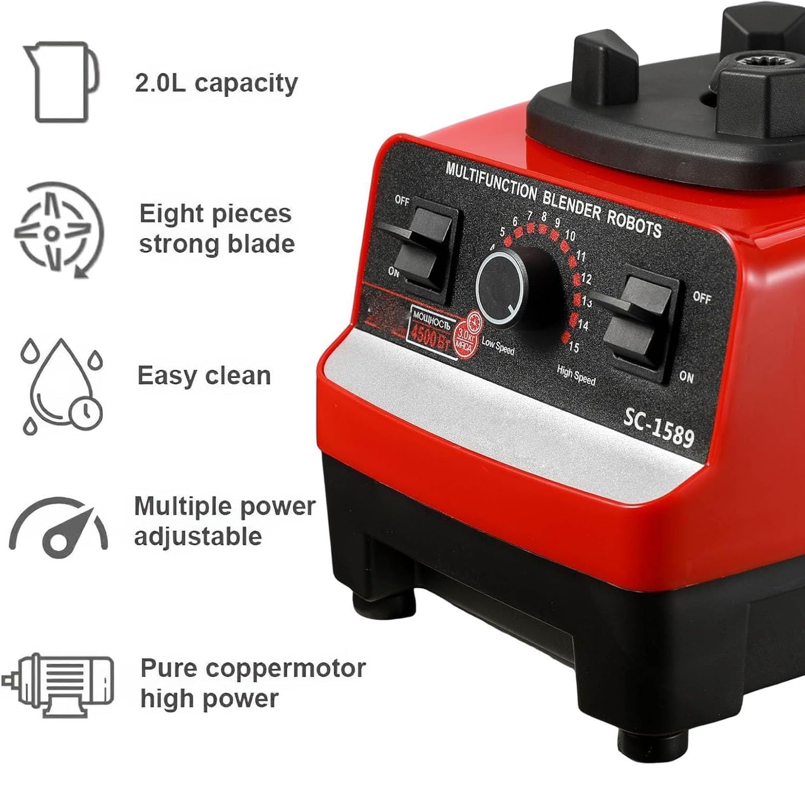 Blender Komercyjny 2L - 4500W Wysoka Prędkość Smoothie Maker Z Kubkiem 650ml, 6 Ostrzy Ze Stali Nierdzewnej, Regulowana Prędkość I Pulse, Sokowirówka Młynek I Kruszarka Lodu
