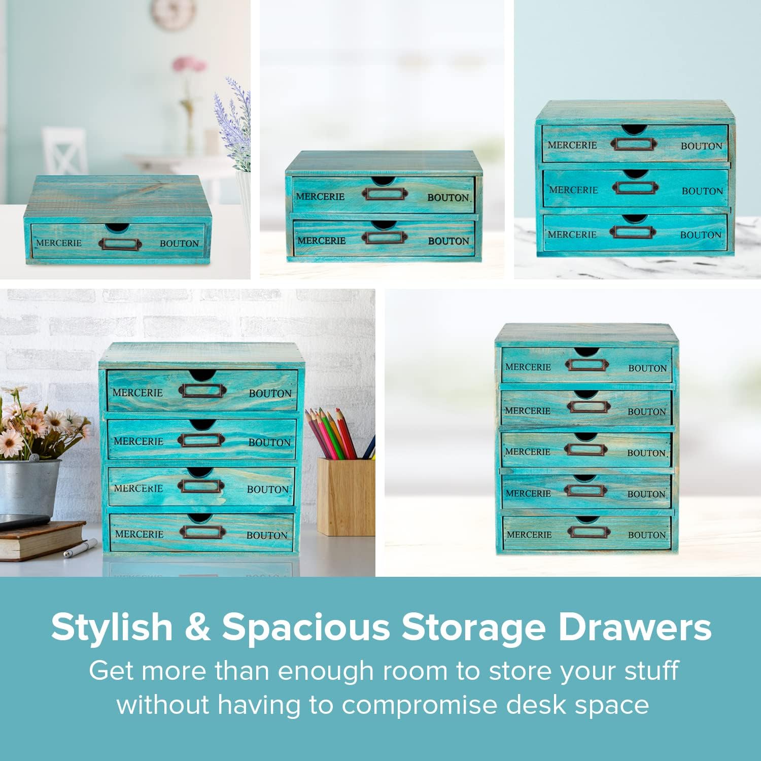 5-piece Full Matching Set Turquoise Wooden Cabinets,European Country Style Desk Organizer Boxes,Multi-level Teal Wooden Stackable Drawers,Countertop Organizer Drawers w/ Label Holder,Desktop Chests