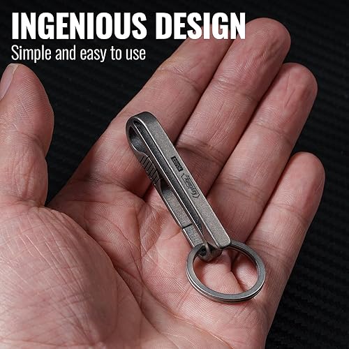 Miniatura 5 de KeyUnity Mini cuchillo plegable de titanio, clip para cinturón de llavero, anillo D y silbato EDC, hoja M390, dureza HRC61, corte ligero, uso de