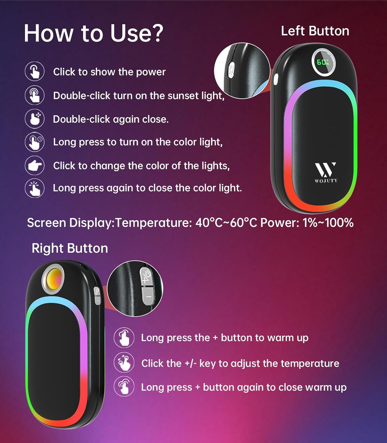 Hand Warmer Rechargeable Heater Portable 10000mAh Hands Warmer with
