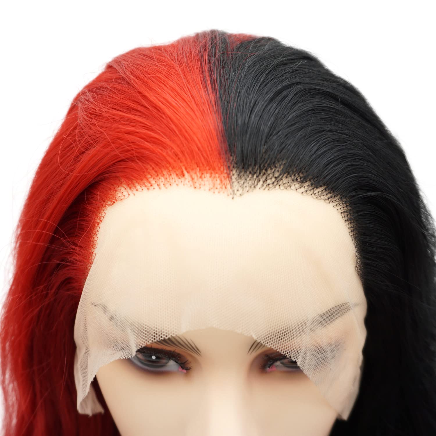 Hair Synthetic Lace Front Wig Wavy Long 24inch Half Black Half Red Mix Heavy Density Heat Resistant Realistic Wig
