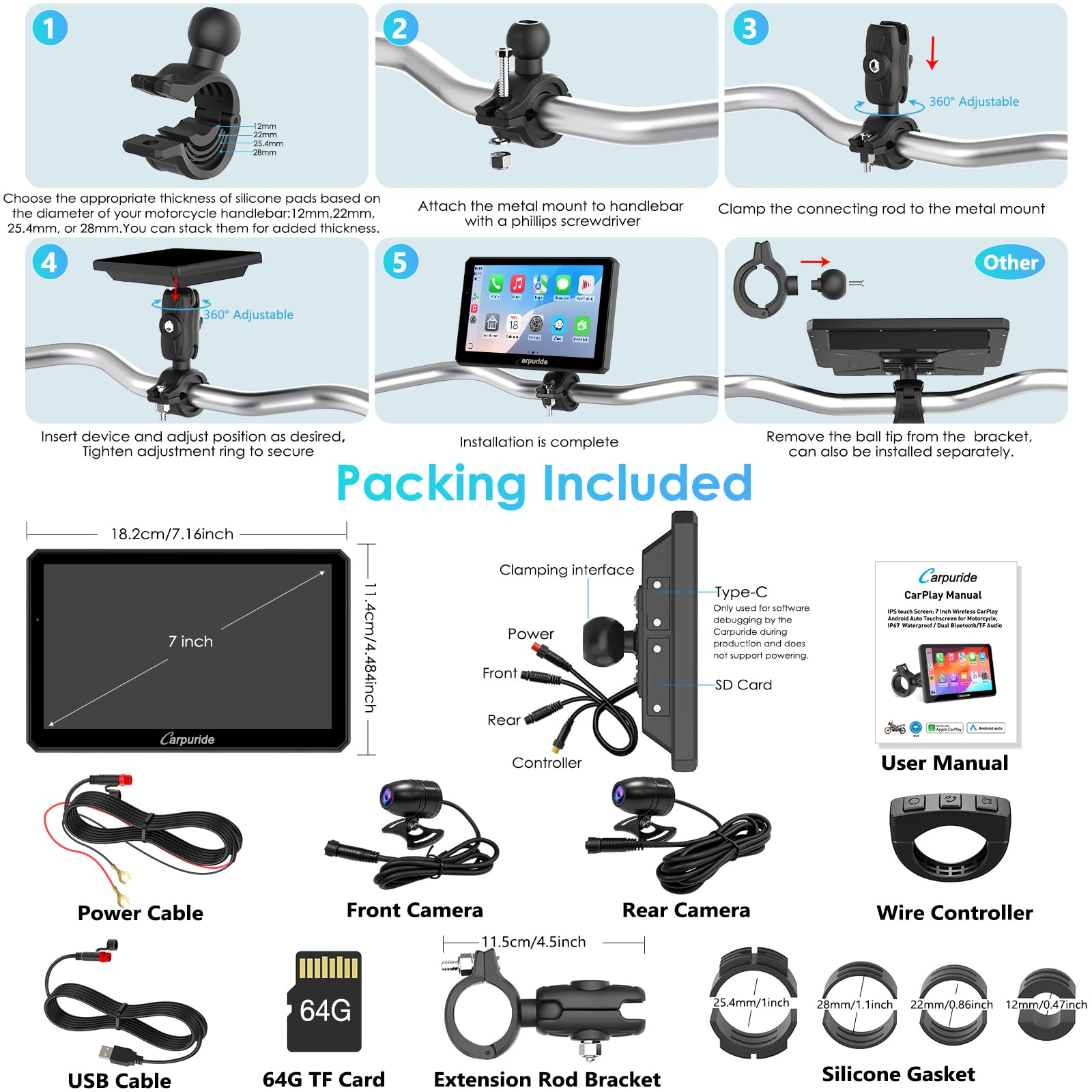 Carpuride W712D Motocicleta Carplay Pantalla con 1080P HD Dash CAM Duales Cámara, Inalámbrico CarPlay y Android Auto, 7" Pantalla Táctil Impermeable, BT, Cable Controlador, Grabación Bucle, GPS.