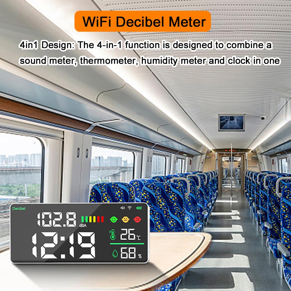 Décibelmètre Sonomètre WiFi 4 en 1, Test de bruit Température Humidité, Réveil, Écran LED 11 pouces