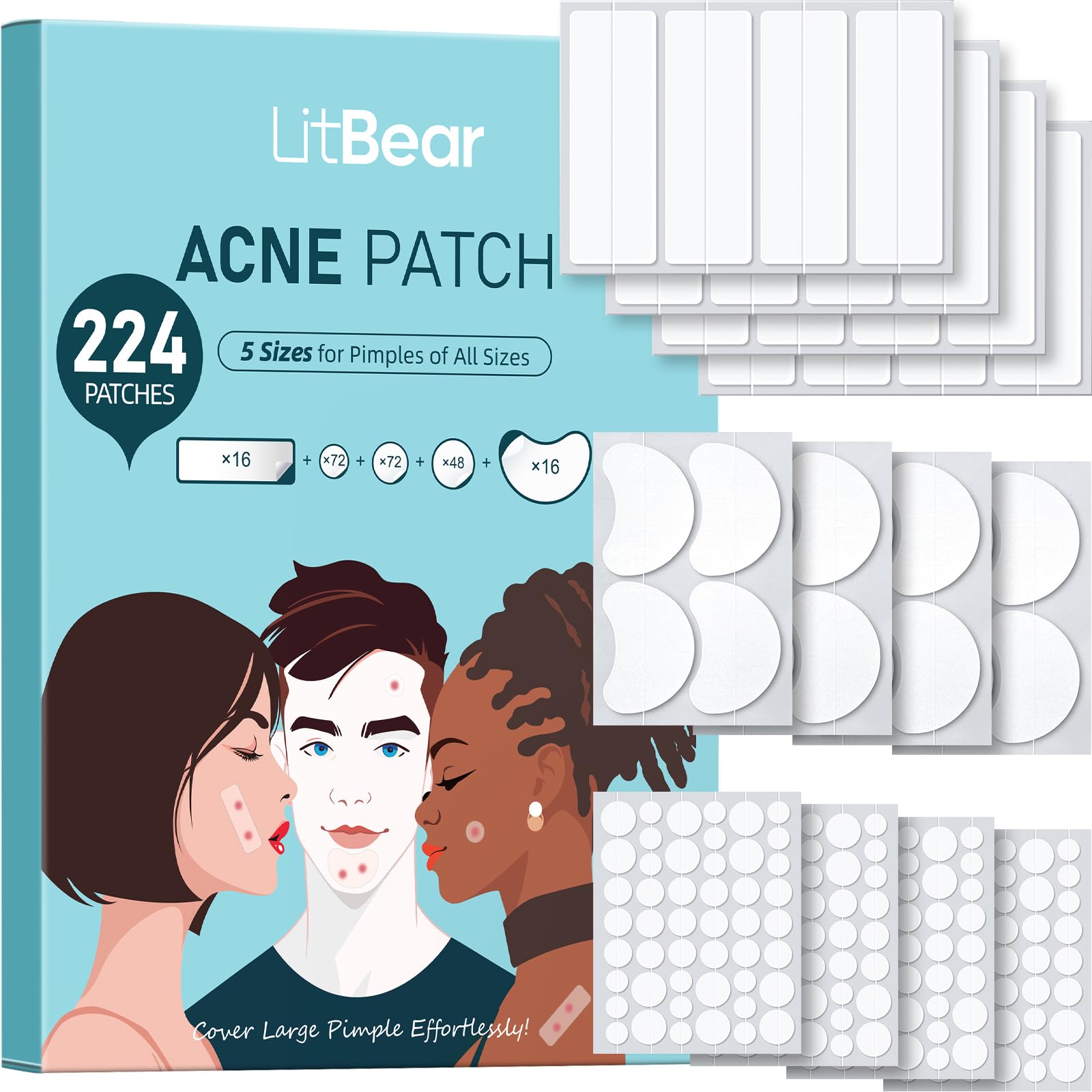LitBear Large Pimple Patches 5 Size 224 Count Big Acne Patches for Face Chin Forehead and Body Zit