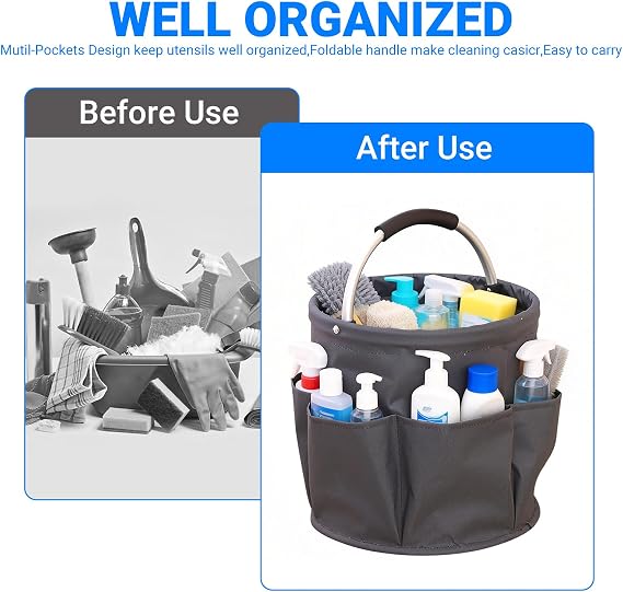 Foldable Cleaning Caddy with Handle 17L Cleaning Bag, Grey | Cleaning Products Organiser, Multi Pocket Cleaning Caddy Bag for Home, Kitchen, Bathroom, Office, Easy to Clean and Carry