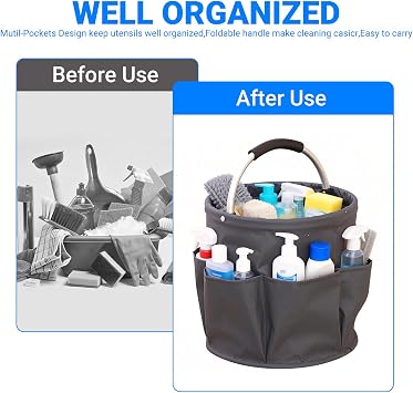 Foldable Cleaning Caddy with Handle 17L Cleaning Bag, Grey | Cleaning Products Organiser, Multi Pocket Cleaning Caddy Bag for Home, Kitchen, Bathroom, Office, Easy to Clean and Carry