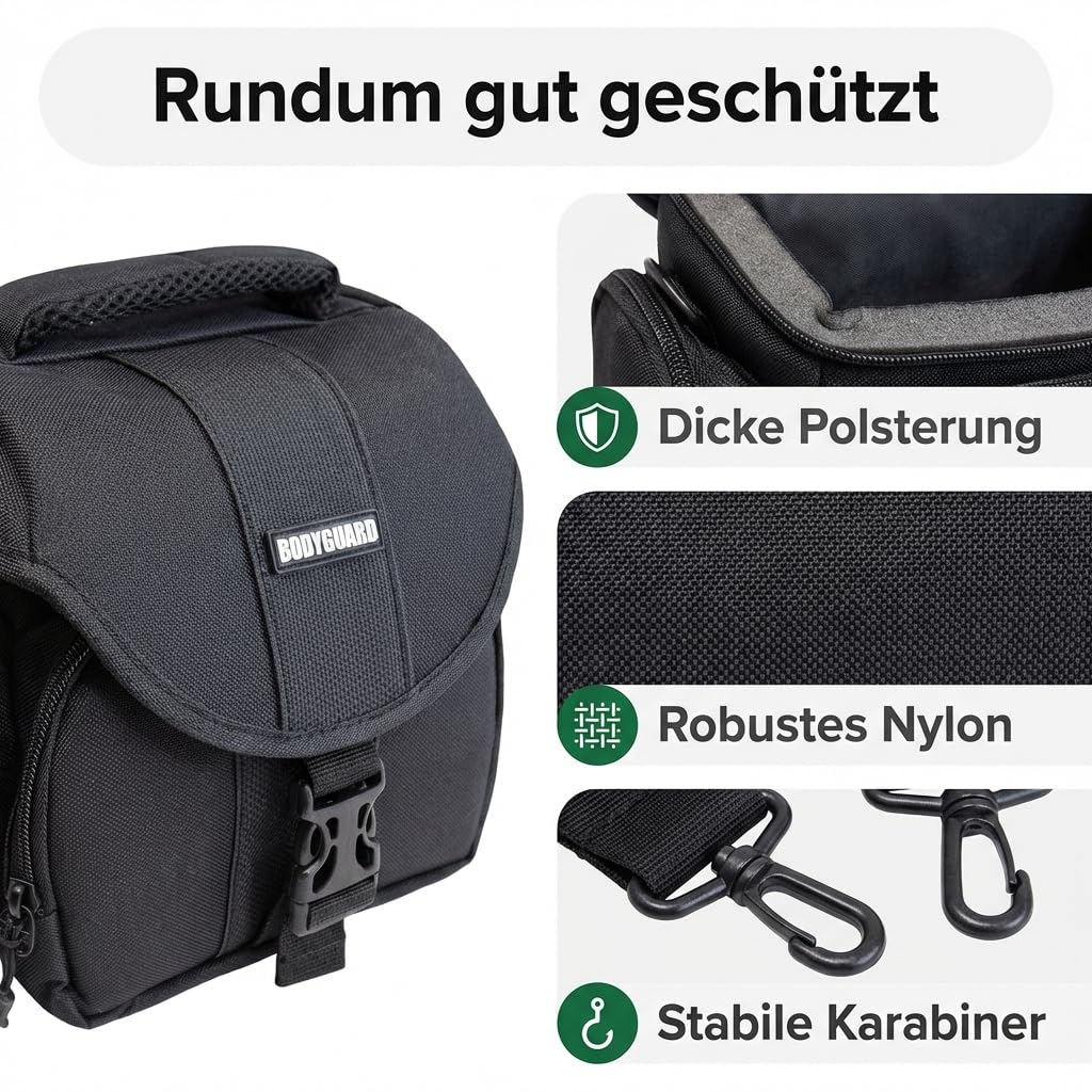 Bodyguard Borsa Fotografica per Bridge, Mirrorless e Piccole DSLR fotocamere, adatta a Panasonic FZ82, FZ1000, Sony HX400V, Nikon B500, B600, B700, Canon EOS M50, M100, Sony Alpha 6000, XL