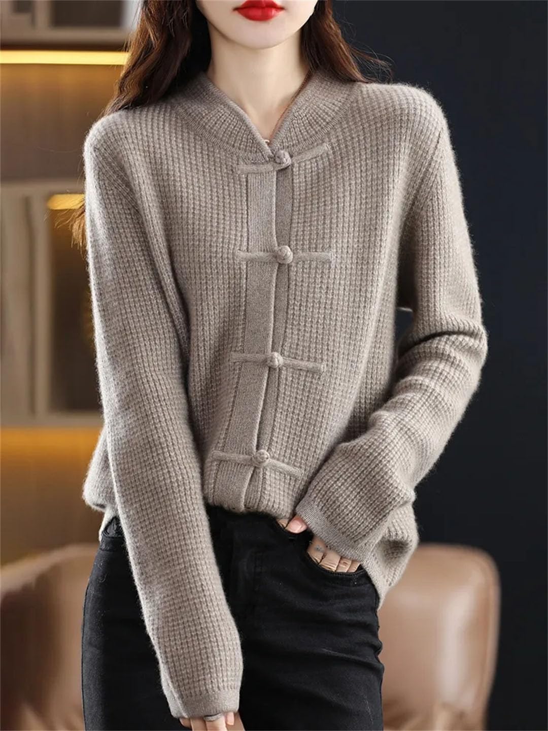Alloaone Cárdigan De Lana para Mujer Chaqueta De Cachemira Tejida con Cuello Medio Alto Informal