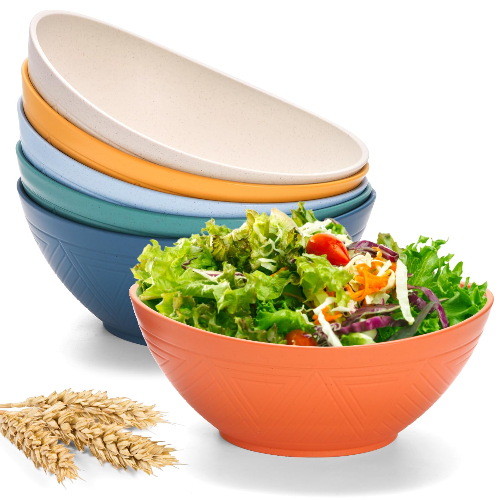 WRINGKIT Set of 6 Wheat Straw Salad Bowls Large, 65 Oz | Unbreakable Serving Bowls for Oatmeal, Popcorn, Microwave & Dishwasher Safe Soup Bowl, Cereal