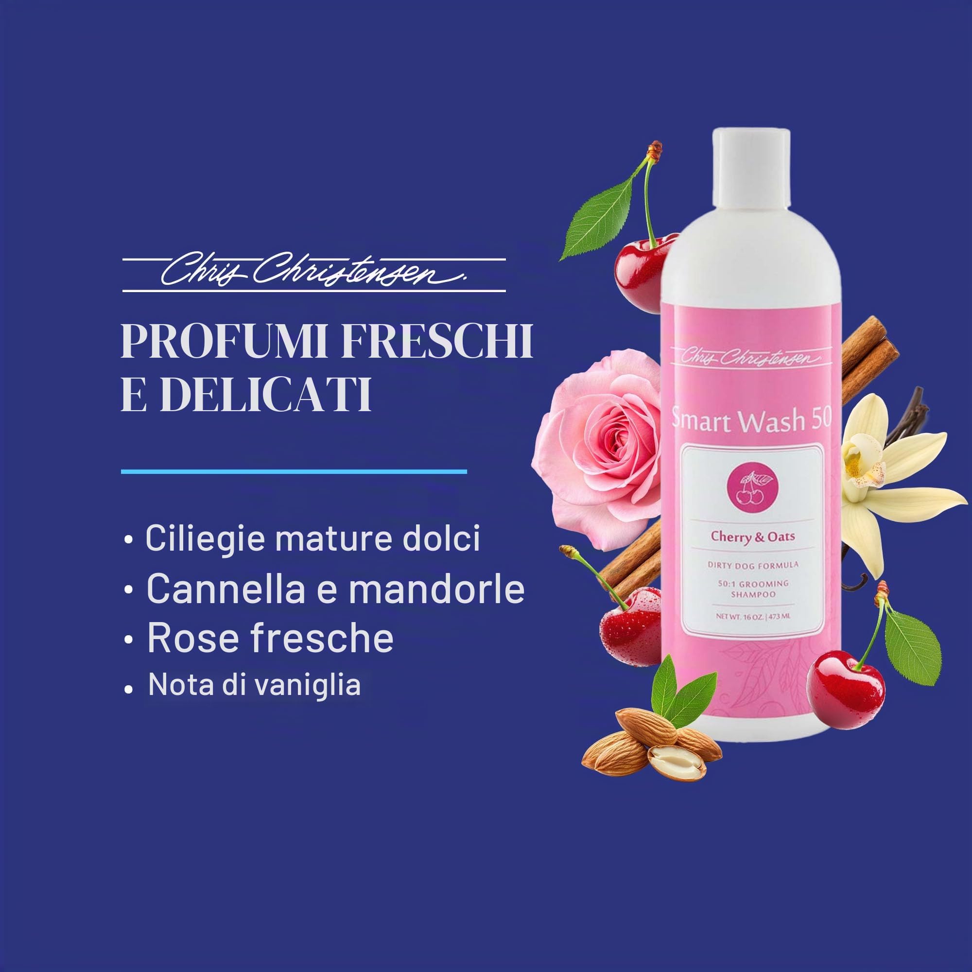 Chris Christensen Smartwash 50 Shampoo Cherry & Oats 3,8L – Ultra Concentrato 50:1, Detergente Idratante con Ciliegia e Avena, per Tutti i Tipi di Manto, Uso Professionale Cani e Gatti