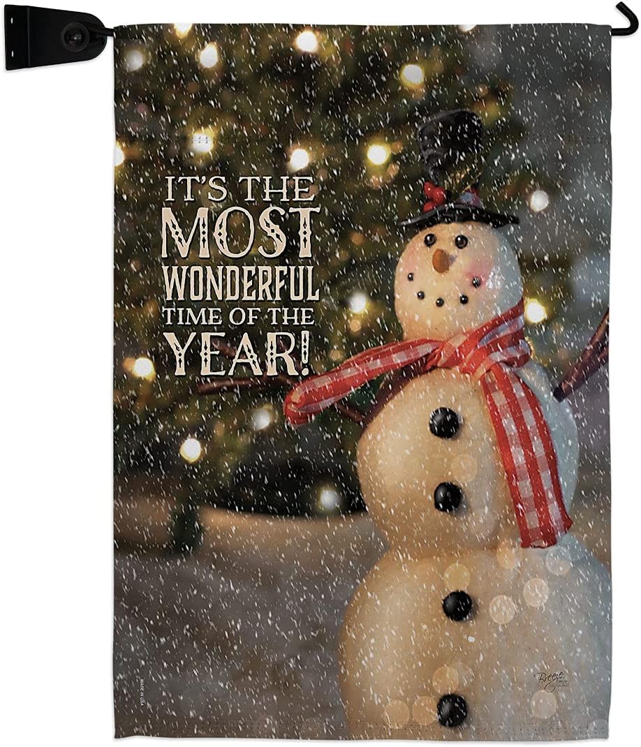 Most Wonderful Time Snowman Garden Flag Set Wall Holder Wintertime Winter Wonderland Snowflake Ice Skate Season Snow Small Decorative Gift Yard House Banner Made In USA 13 X 18.5