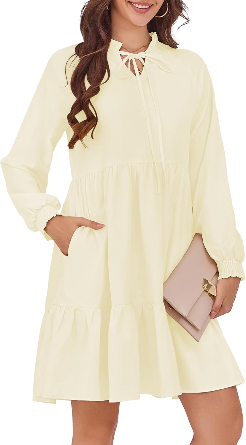 HUSKARY Baby Doll Dresses Women Fall Casual Tie V Neck Ruffle Tiered Tunic Dress Knee Length Cute Dresses with Pockets - Image 2