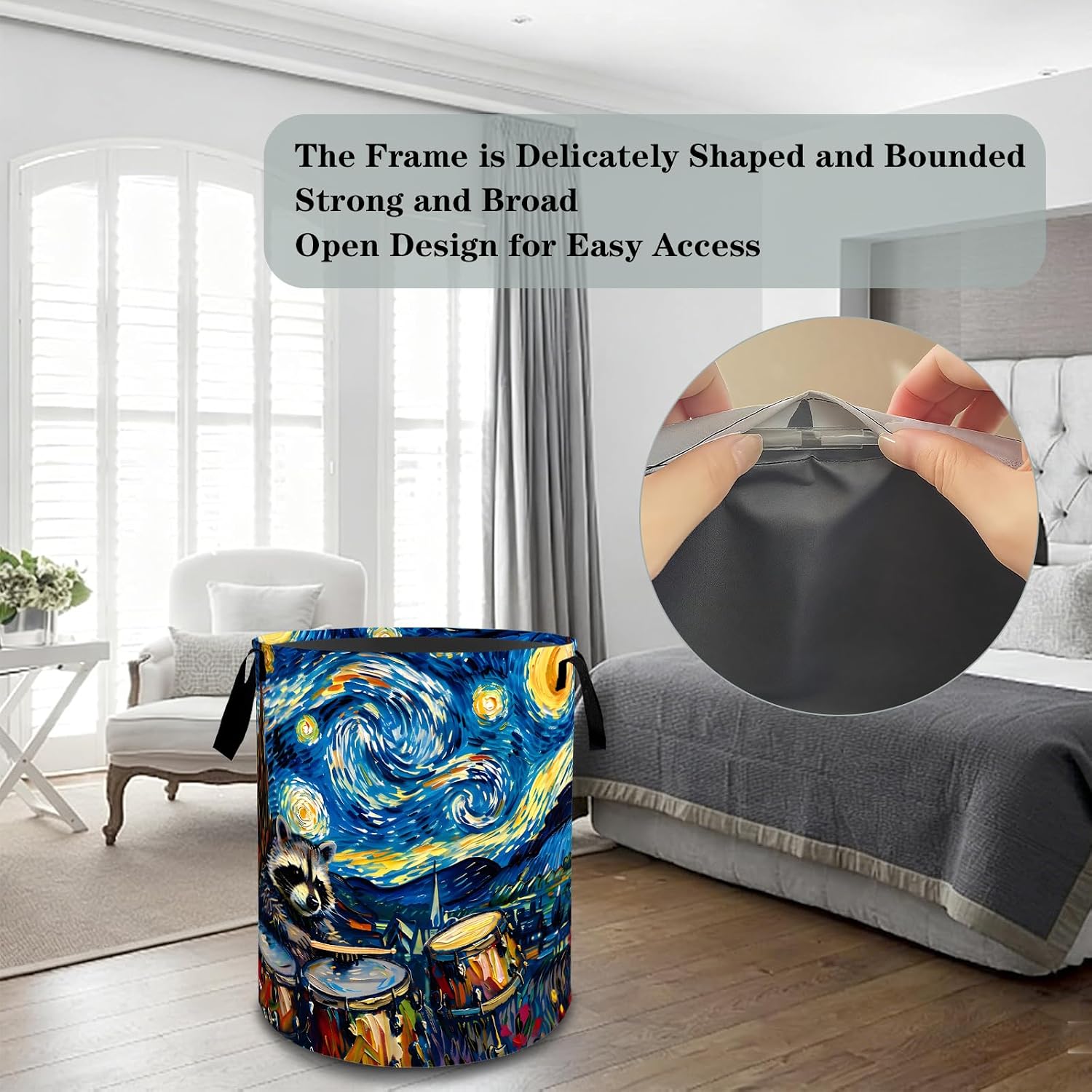 Starry Racoon Laundry Basket Hamper, Organizer Bins Gifts for Women Kids, Drum Art Foldable Waterproof Clothes Hamper Handles Storage Bucket for Bedroom Bathroom Room Decor 19.7"x15.7" image 4