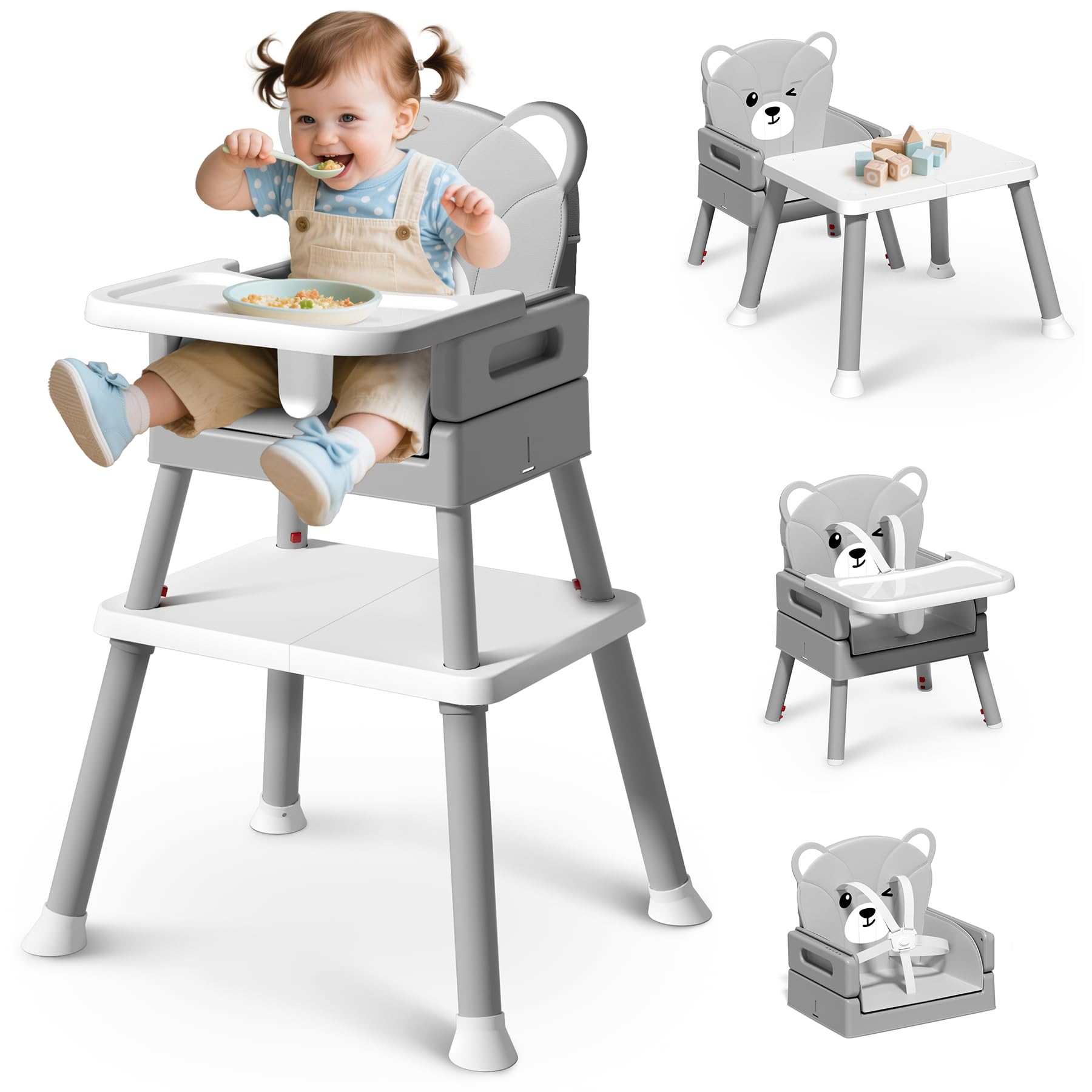 COOSEYA 6 in 1 Seggiolone Papa per Neonati e Bambini, Seggiolone Evolutivo da Neonato a Bambino, Sedia Multiuso con Vassoio Rimovibile e Cintura di Sicurezza a 5 Punti, Grigio (6 Mesi - 3 Anni)