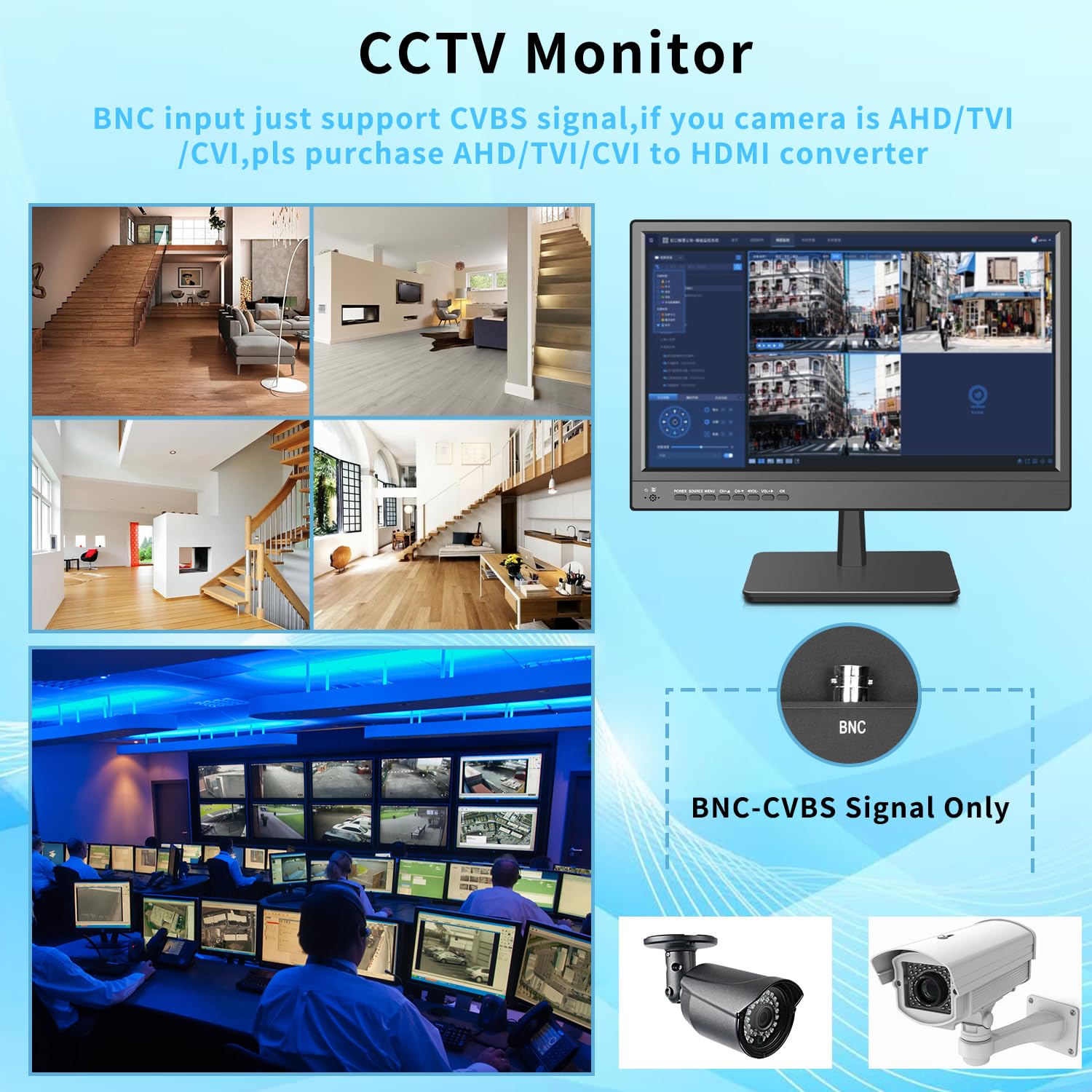 Jexiop - Monitor di sicurezza da 17 pollici, supporto USB a parete, riproduzione video full format, monitor CCTV con ingresso AV/HDMI, uscita VGA/cuffie, altoparlante