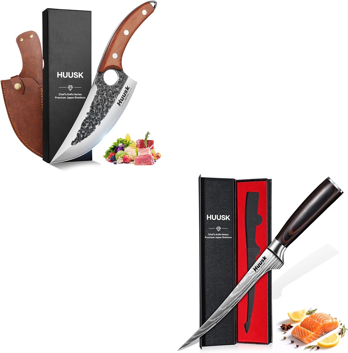 Huusk Filet Knife for Fish - 7 Inch Fish Fillet Knife Bundle with an Upgraded Viking Knife,Flexible Boning Knives for Meat Cutting, Professional Japanese Fishing Knives for Meat Poultry Cutting