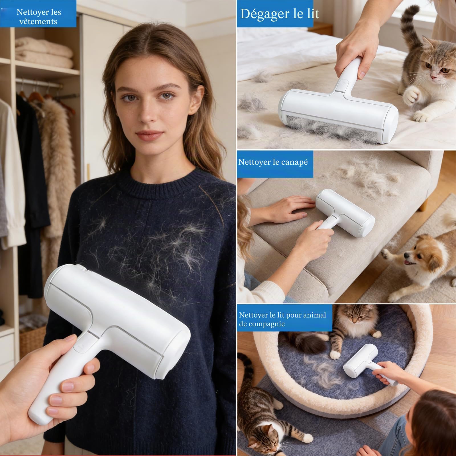 Brosse Anti Poils Animaux Chat Chien, Brosse Ramasse Enlève Poils, Ramasse Poils Animaux, Réutilisable pour Poils, Bouloches Réutilisable, pour Canapé, Arbre à Chat, Voiture, lit, Tapis