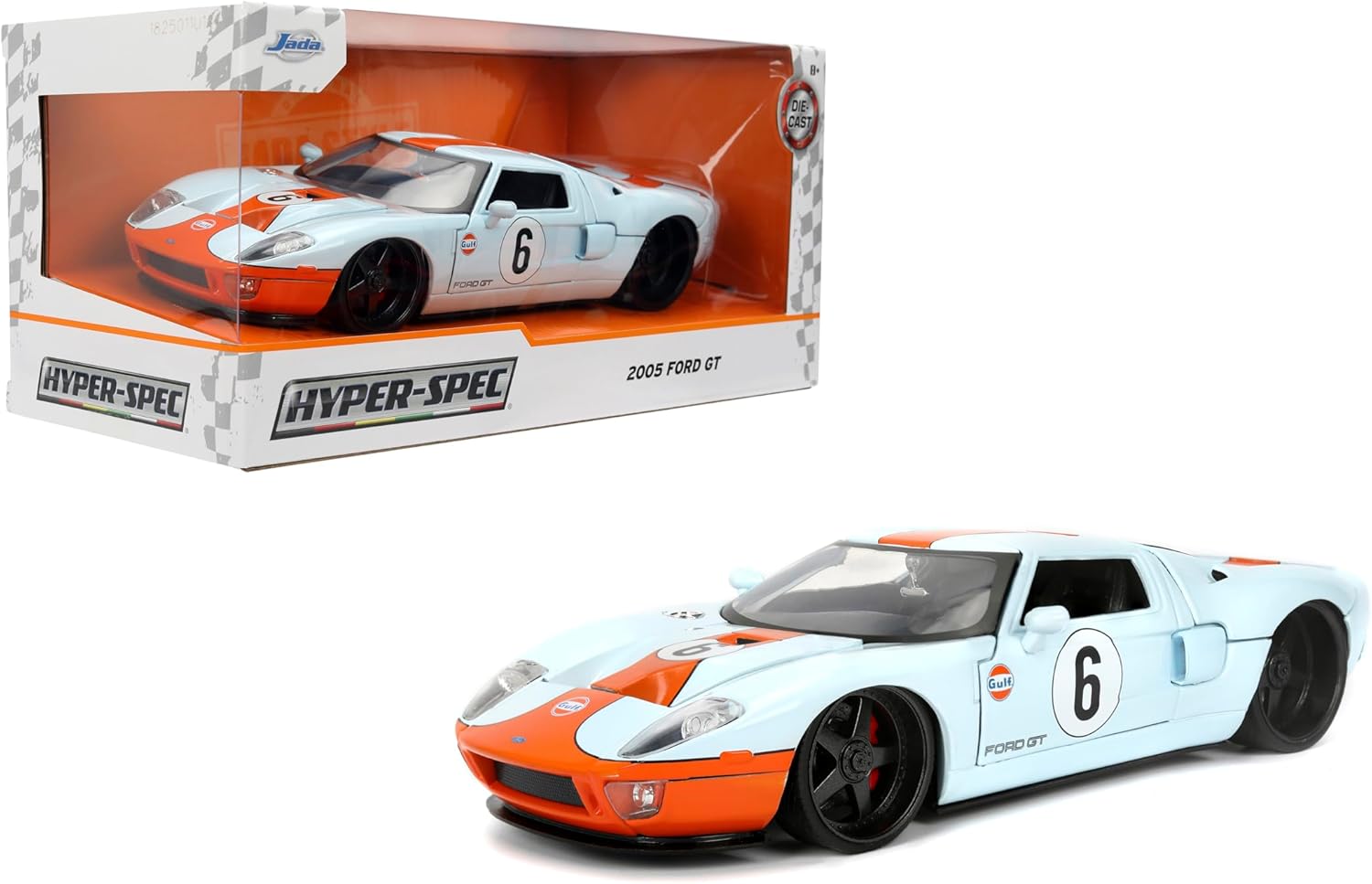Jada Toys Hyper-Spec 1:24 2005 Ford GT Gulf Die-cast Car – Opening Doors, Hood, Trunk, Rubber Tires(Light Blue)
