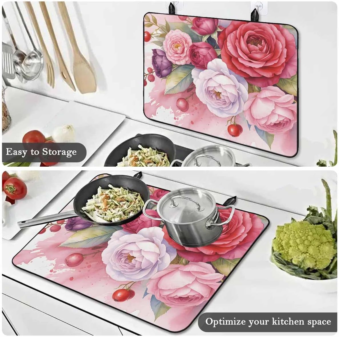 Stove Top Cover, Valentine's Day Abstract Watercolor Pink Red Roses Anti-Slip Heat Resistant Electric Stove Top Cover, Ceramic Glass Cooktop Protector Stove Covers for Flat Top Oven
