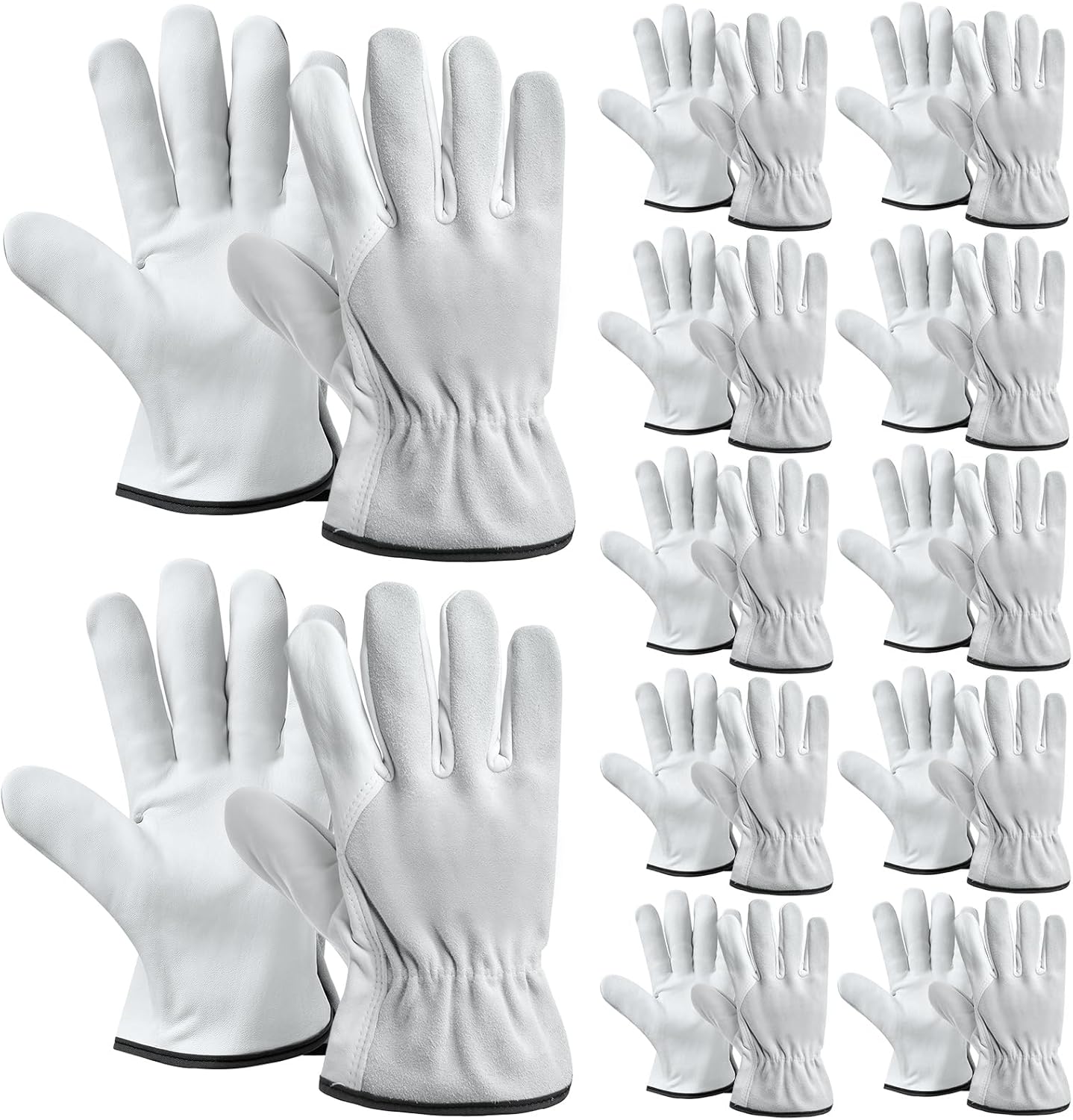 12 Pairs Bulk Leather Work Gloves for Driver for Men or Women Welding Gloves for Truck Driving, Construction, Warehouse, Gardening, Automotive Repair, Cowhide (Gray, White)