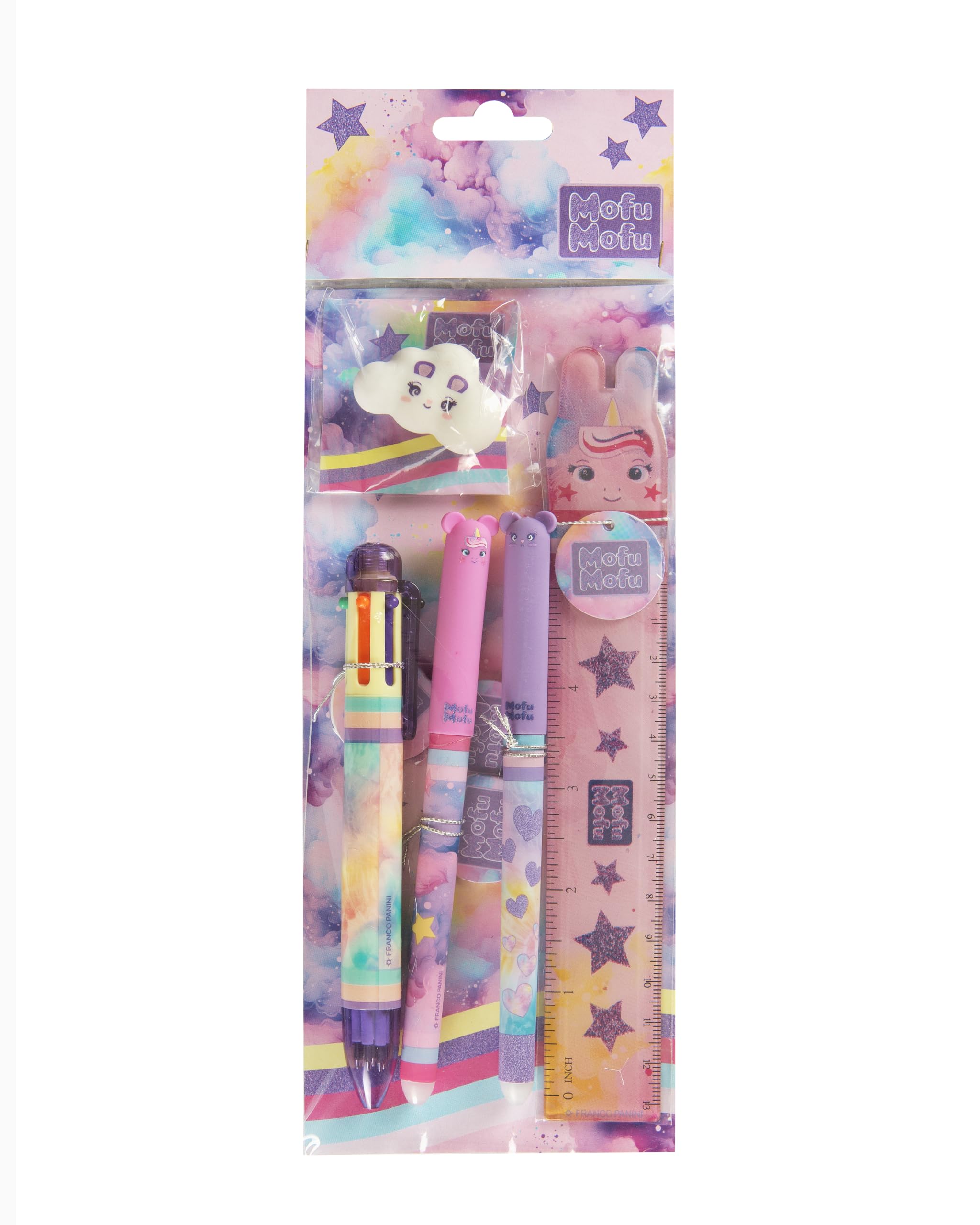 Franco Cosimo Panini MOFU MOFU Stationery Kit Mofu Mofu Stationery Set with Ballpoint Pen, Erasable Pen, Shaped Ruler, 2 Hole Pencil Sharpener, Cloud Eraser, for Elementary or Middle School