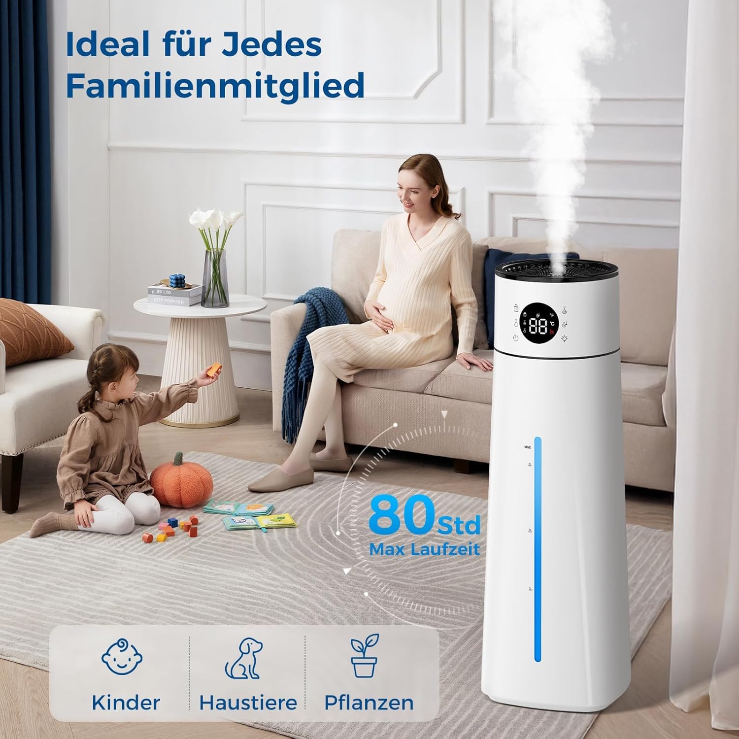 Humidificador de Aire 8L, Grande Humidificador Ultrasónico Top-Fill, 80H Duración, 24H Temporizador, Luz Nocturna, 25dB Silencioso para Bebés, Oficina, Plantas, Boquilla de Vapor Giratoria de 360°(B)