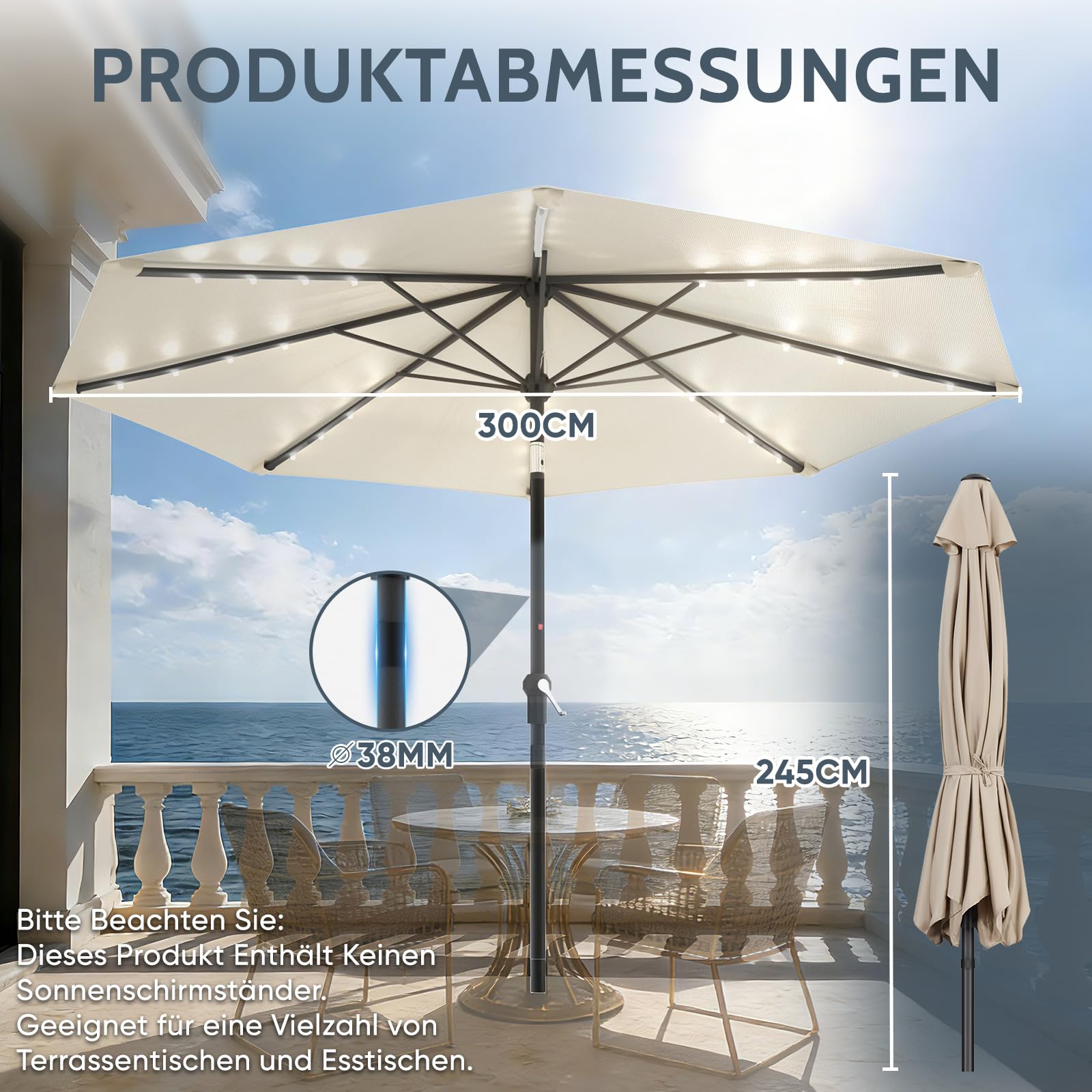 Huracan Sonnenschirm mit LED solar Ø300cm, Gartenschirm ohne Ständer, Balkonschirm Strandschirm UV-Schutz Polyester Wasserabweisend und Schmutzabweisend, Groß Marktschirm für Balkon Terrasse, Creme