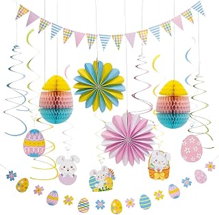 Easter Decorating Kit, 17-Piece Set with Hanging Paper Fans, Swirls, Garland, Banner and Honeycomb Eggs for Holiday Parties, Classrooms and Church Events