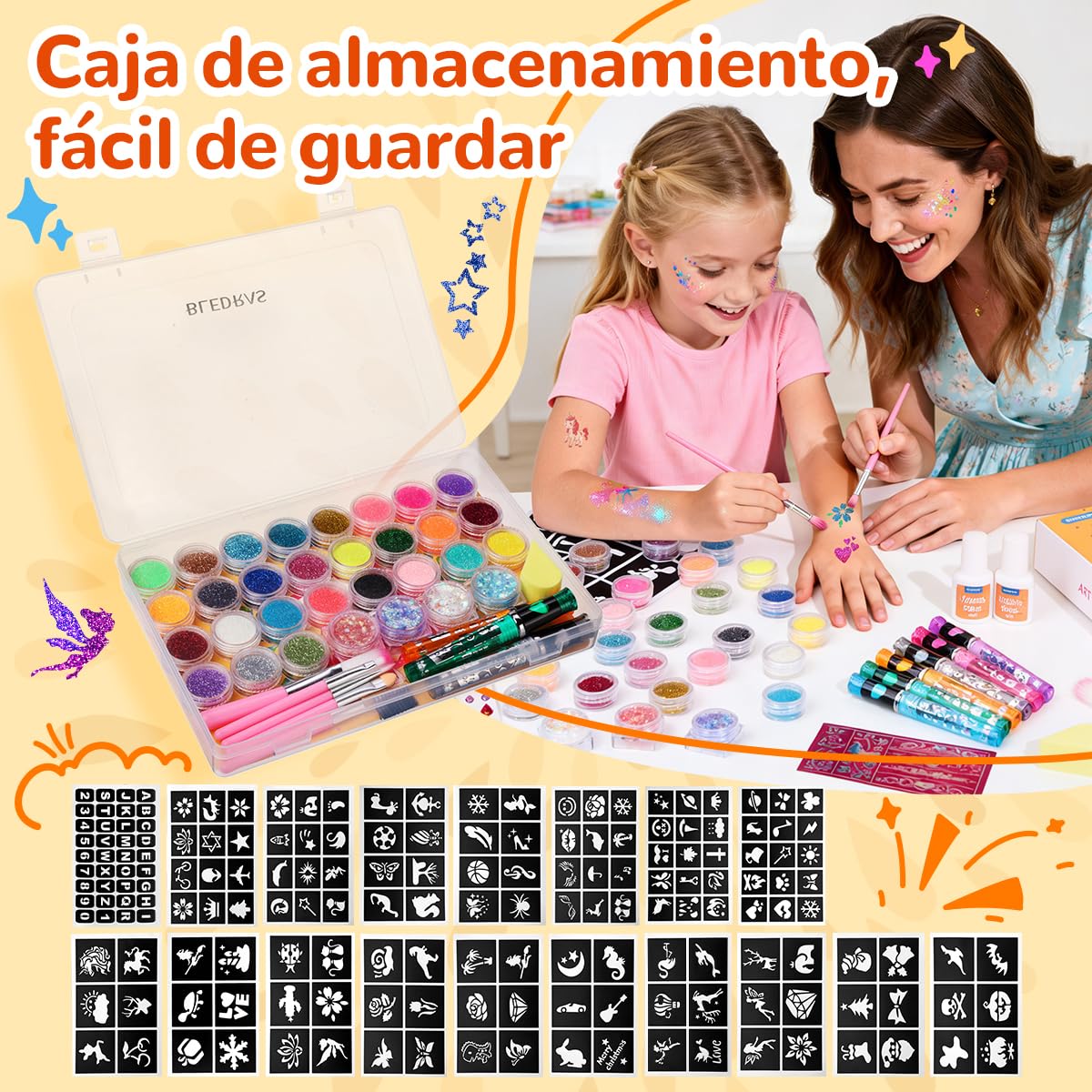Bledras Kit de Tatuajes Temporales para Niñas, 31 Colores Brillo, 6 Rotuladores Tatuajes Niños, con 178 Plantillas, Halloween, Anime, Cosplay, Conciertos, Festivales, Carnaval, Pintura Facial — view 4
