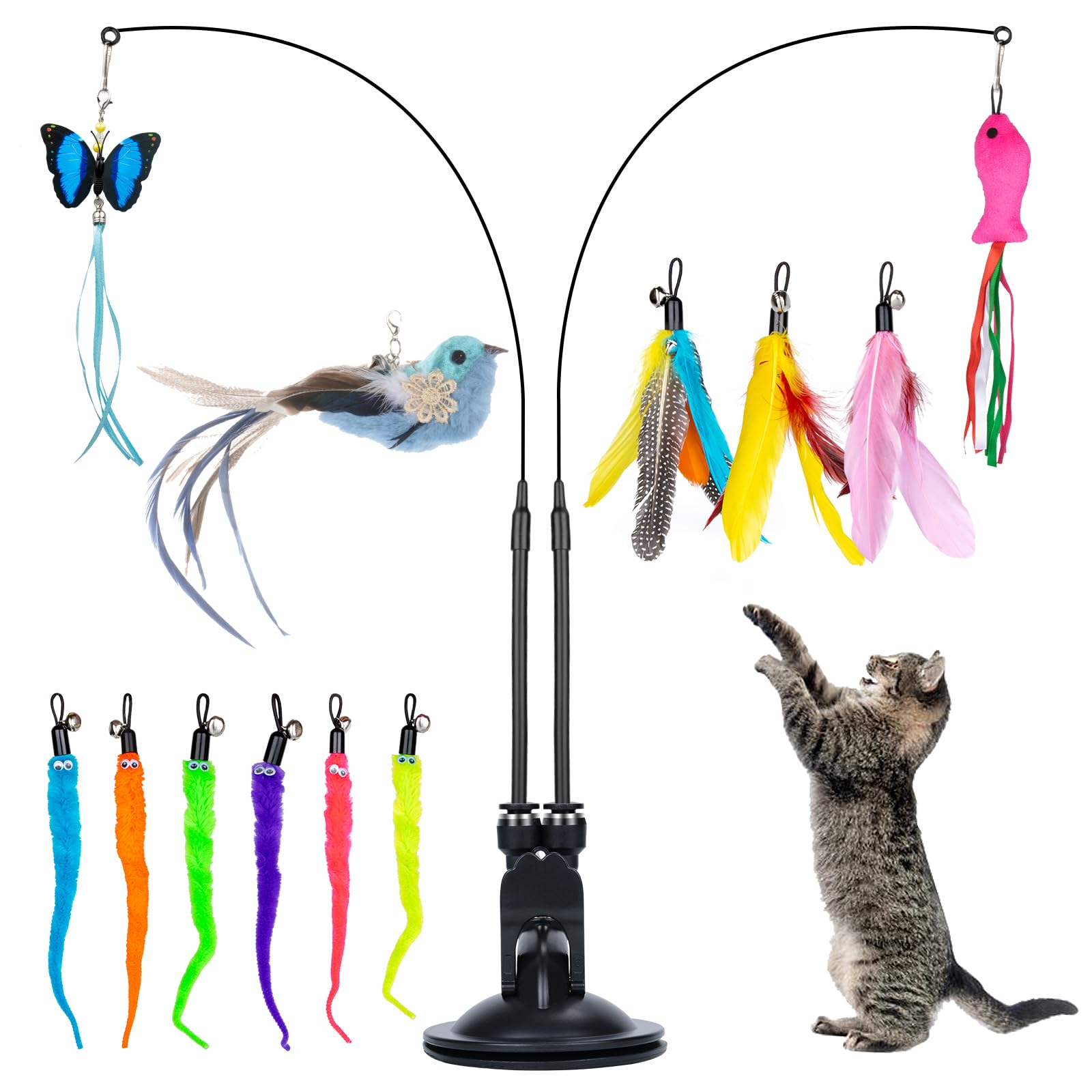 Qoosea 15 Piezas Juguete Pluma de Gato, Juguete para Gatos Interactivos con 1 Ventosa y 2 Varitas Teaser, Juguete de Gatos Varita para Ejercitar Gatos y Gatitos