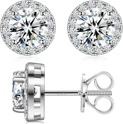 Moissanite Halo Earrings Stud Screw Back 0.2-8.0ct 3-8mm 18K White Gold Plated 925 Sterling Silver Lab Round Cut Brilliant D Color VVS1 Clarity