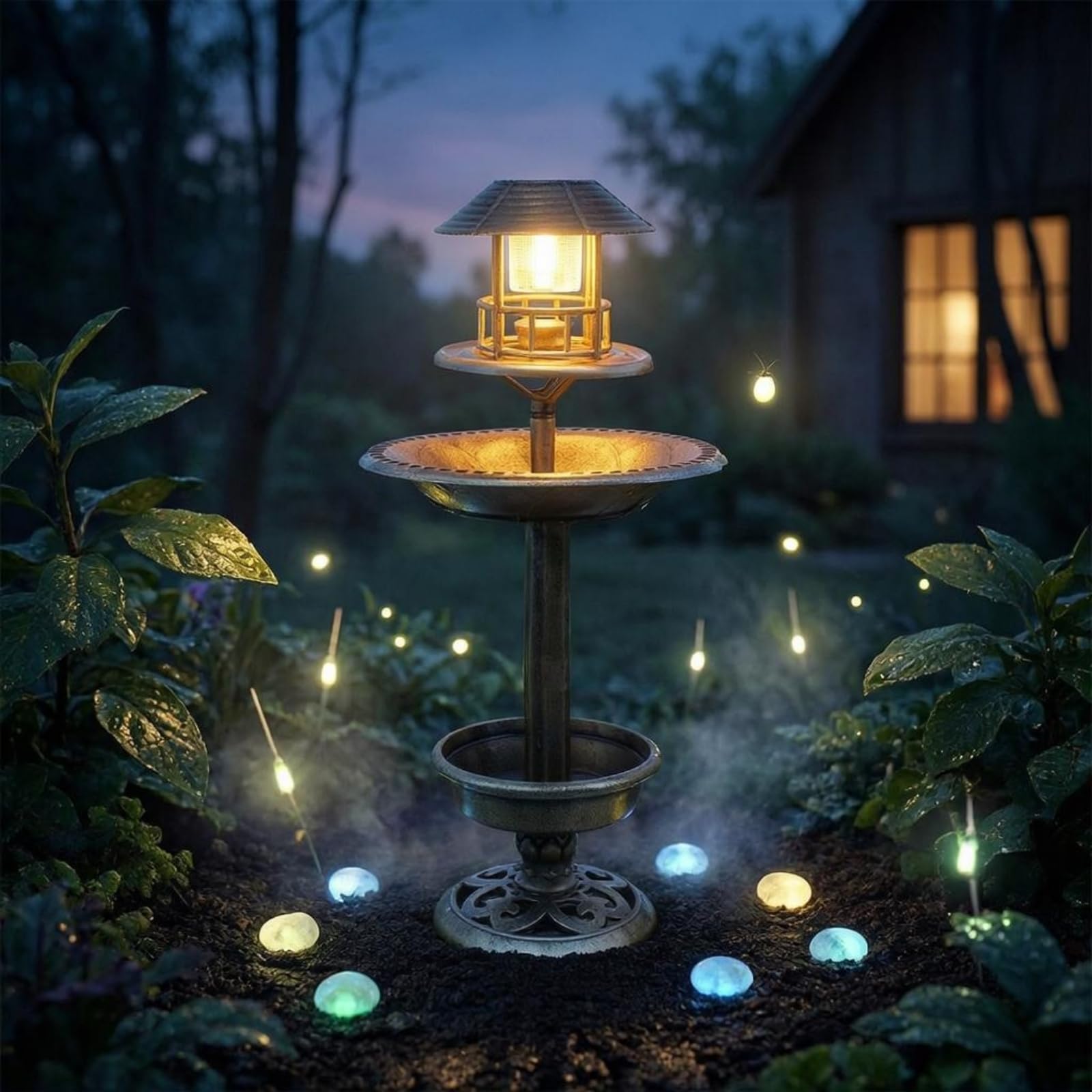 Vogeltränke Freistehend Outdoor Vogelbad Vogeltränke Kombi Klassisches Design mit Laterne Und Led-licht aus für Gärten Rasenflächen Wege, Grün, Antikgrün